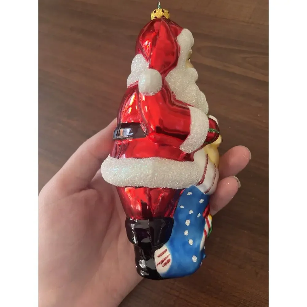 Vintage Glass Christmas Ornament Santa With Stocking EUC Hand Painted